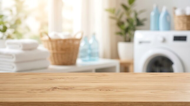 Empty wooden table mockup in bright blurred laundry room for household detergent product display and web banner use.