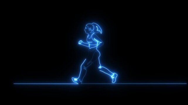 Neon blue outline of a woman running against a dark black background