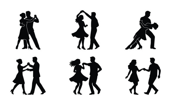 Couple Dancing Silhouettes Vector Set: Romantic Ballroom, Tango, Waltz Poses for Event Design