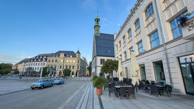 Zwickau Town Hall with theater and Vintage Trabant and Wartburg in Saxony