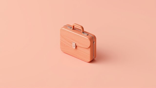 Small orange briefcase sits upon pastel pink surface. Minimalist studio shot, simple composition, clean aesthetic. Focus on object.