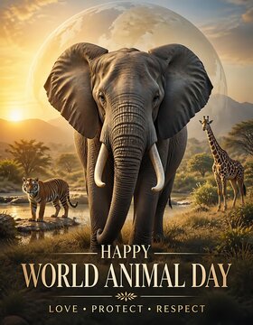Happy world animal day message with majestic elephant and wild animals in golden sunset