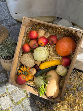 Still Life of Vegetables in Wooden Crate at Autumn Market