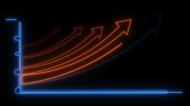 Neon glowing arrows rising on a financial chart against a dark background representing growth
