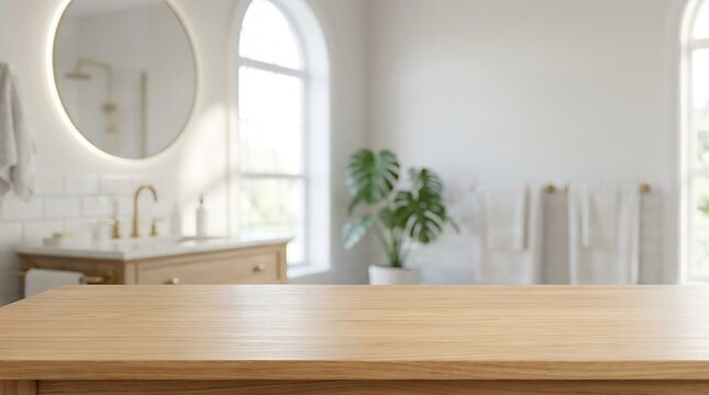 Empty Wooden Table Top for Product Display Background in Luxury Blurred Bathroom Interior Mockup Design for Marketing