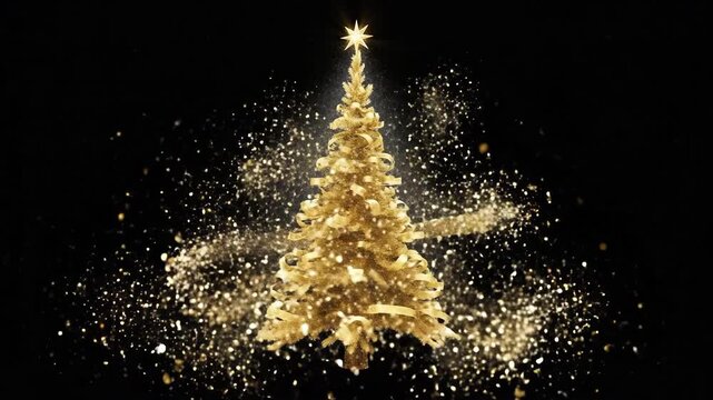 Golden decorated Christmas tree shape with ribbon garlands and star topper against a dark background. Suitable for holiday, greeting, celebration, banner, promotion, project.