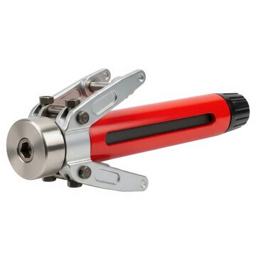 Close-up of red and black bicycle brake caliper isolated on white background