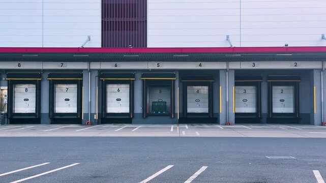 Multiple Loading Docks Lined Up Across a Modern Logistics Warehouse