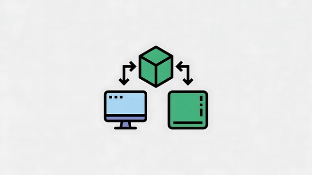 Data synchronization icon with computer and server cube