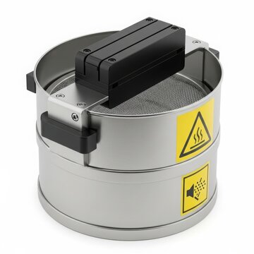 Metal safety bin with hazard warning labels isolated on white background