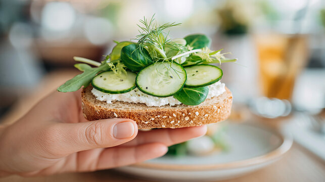 Hand holding a slice of whole grain bread topped with fresh cucumber slices and mixed greens, presented on a wooden table in a bright, modern dining setting