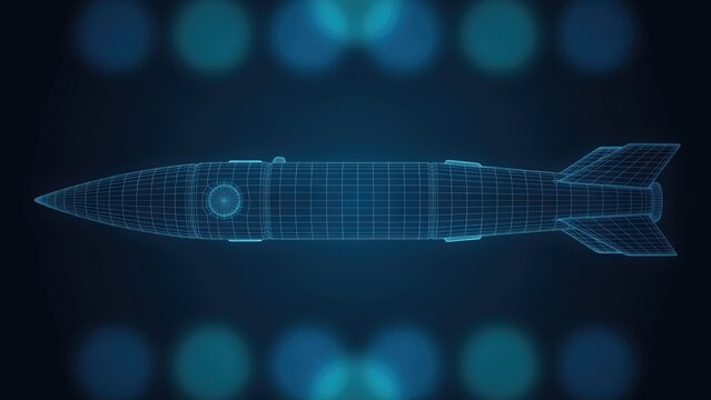Blue digital wireframe model of a missile on a dark background