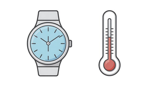Wrist watch and thermometer icons on white background