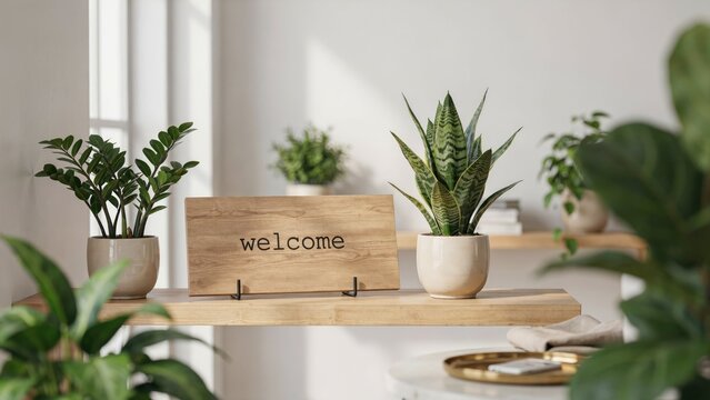 Wooden welcome sign on a shelf with potted houseplants in a sunlit room