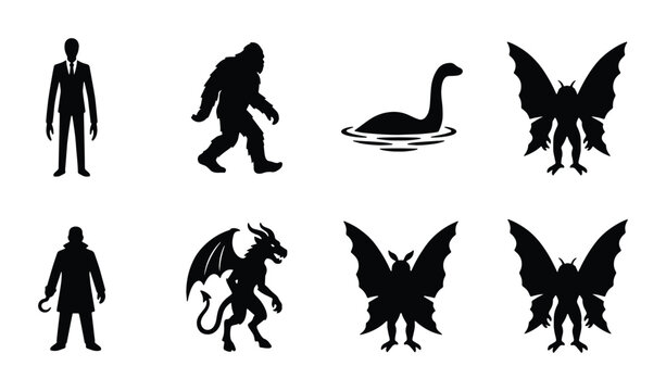 Mythical Creatures Vector Icons: Bigfoot, Mothman, Nessie, Slender Man, Gargoyle, Silhouette Collection
