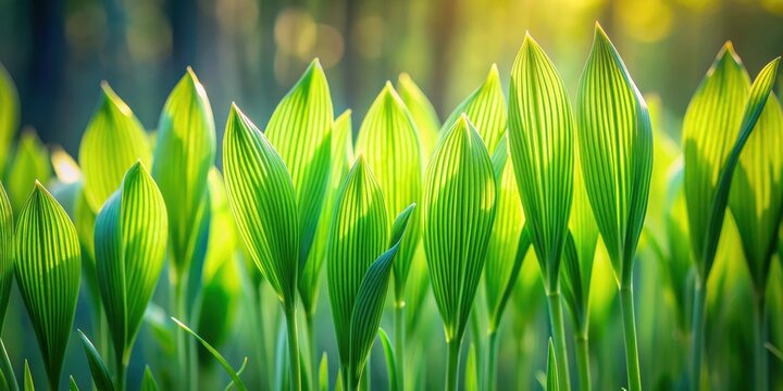 Vibrant Green Leaves Illuminated by Sunlight in a Lush Field, a Symbol of Springtime Renewal and the Beauty of Nature