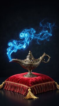Ornate antique genie lamp resting on a luxurious fringed red velvet pillow, emitting vibrant wisps of blue magical smoke. Shot on dark background, studio shot, royal, burnished