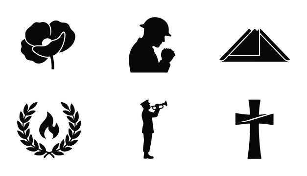 Remembrance Day Icons Set: Poppy, Soldier Silhouette, Bugler, Wreath, Cross, Folded Flag Vector Graphics
