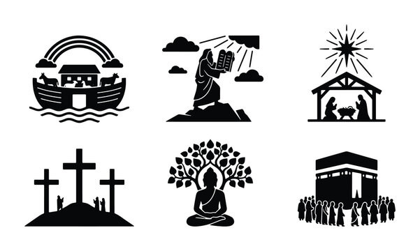 Religious Symbols Vector Icons: Noah's Ark, Moses, Nativity, Crosses, Buddha, Kaaba, Diverse Faiths