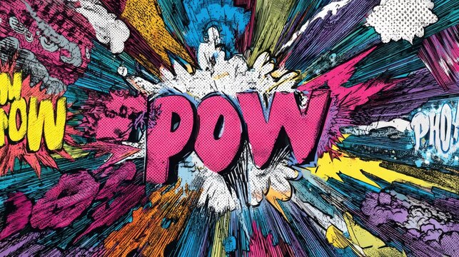 Colorful comic book style explosion graphic with the word pow written in bold pink letters with style illustration explosive letters against dynamic