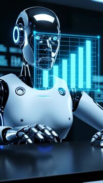 Robot studying AI graphs across transparent screens, machine learning reports, operational analytics, workflow optimization, robotic research, system monitoring, and enterprise automation platform.