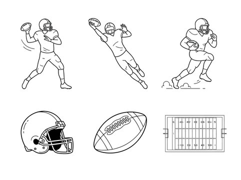 American football elements collection featuring players in action poses with ball helmet and stadium grid on clean white background