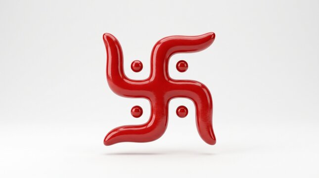 Glossy red 3D swastik symbol with dots, auspicious spiritual sign isolated on white background with soft shadow