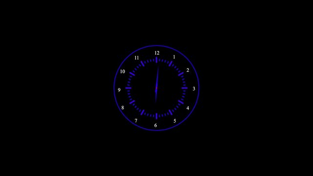 Glowing blue digital clock face with moving hands isolated on a solid black background