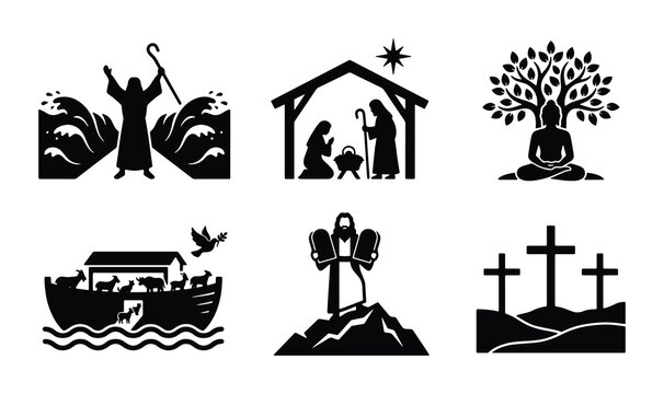 Religious Icons Set: Moses, Nativity, Buddha, Noah's Ark, Ten Commandments, Crosses