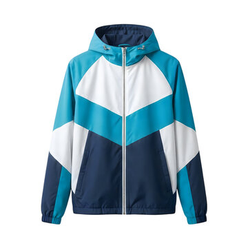 Blue and white windbreaker jacket with a hood isolated on transparent background