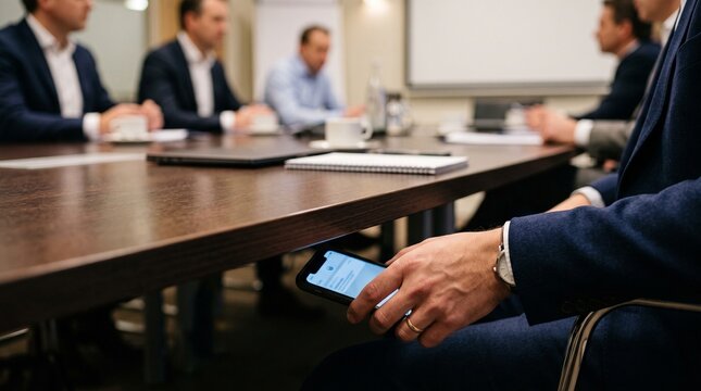 Businessman secretly checking smartphone under conference table during meeting