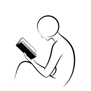 Minimalist line art illustration of person reading book, simple black ink drawing of student studying, elegant silhouette of reader on white background