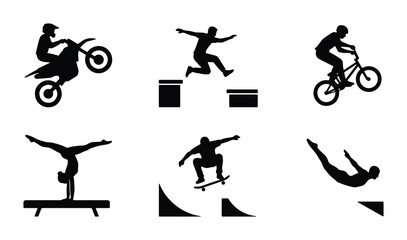 Fototapeta premium Extreme Sports Silhouettes: Motocross, BMX, Gymnastics, Skateboarding, Diving, Parkour Vector Icons