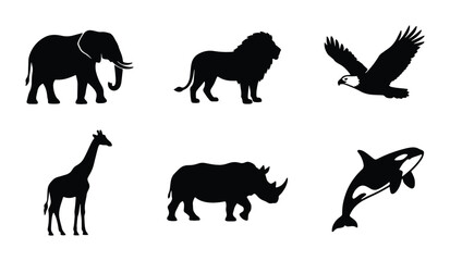 Obraz premium African Wildlife Silhouettes: Elephant, Lion, Giraffe, Rhino, Eagle, Orca, Vector Icons for Nature and Safari Themes