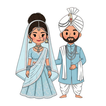 Indian wedding couple in traditional blue attire, cute cartoon bride and groom illustration, ethnic marriage ceremony characters on white background