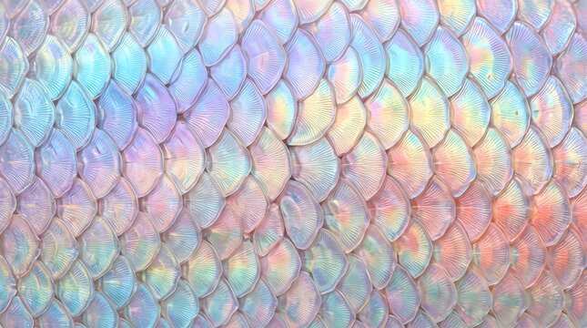 Iridescent mermaid scales background, holographic fish scale pattern, pastel rainbow pearlescent texture for fantasy design and creative backdrops