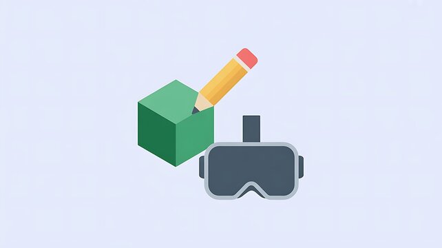 Vr headset with a green cube and a yellow pencil icon