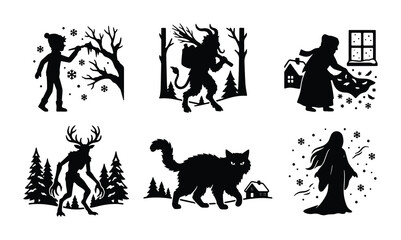 Fototapeta premium Krampus and Folklore Characters Silhouette Set, Winter Holiday Legends, Mythical Creatures Vector Icons