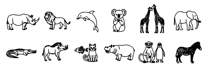 Obraz premium Wildlife Animal Icons Set, Featuring Rhino, Lion, Dolphin, Koala, Giraffe, Elephant, and Other Creatures