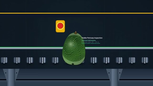 Animation of an avocado (Persea americana) on a conveyor belt undergoing hyperspectral imaging to detect internal rot, followed by a pneumatic ejector removing the defective fruit