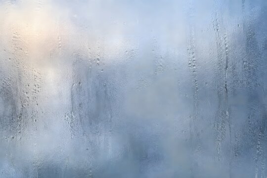 Blue frosted wet glass surface with soft condensation and blurred cool shapes behind the window.