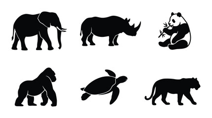 Fototapeta premium African Elephant, Rhino, Panda, Gorilla, Turtle, Tiger Silhouettes. Wildlife Animal Icons Set.