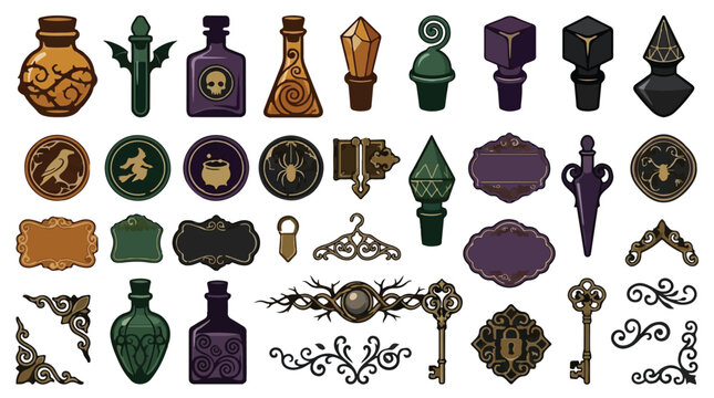 Gothic alchemy potion bottles and magic icons set, dark fantasy witch apothecary vector elements, vintage occult laboratory equipment for game design