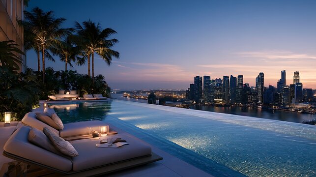Luxurious condo infinity pool on a rooftop floor with panoramic city view, resort-style urban living and real estate concept.