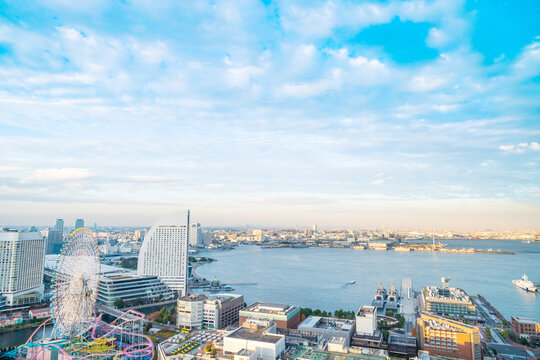 Panoramic aerial view of yokohama and minato mirai city skyline, cityscape under blue sky