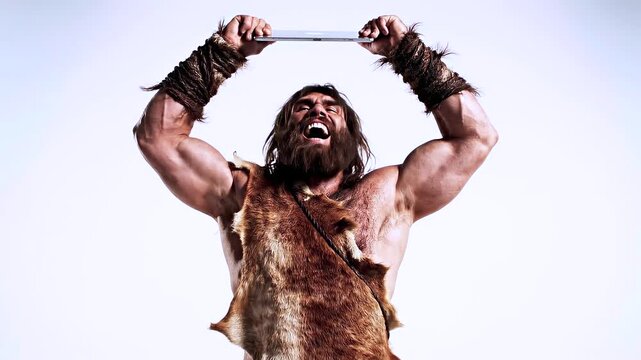 Caveman raising stone tablet triumphantly white background, primitive worker satire for digital adoption, technology shock, learning progress, workplace adaptation, online access, digital life parody