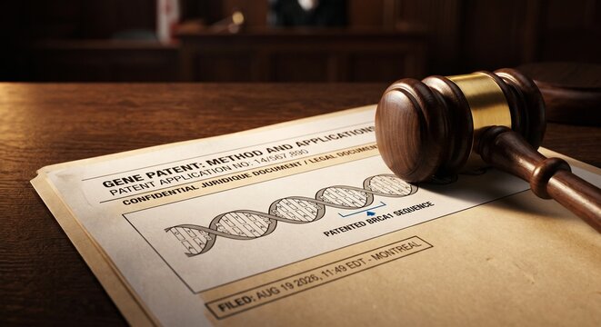 Gavel and legal document with dna helix for gene patent