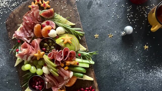 Christmas tree shaped cheese and charcuterie board with dark background. Video