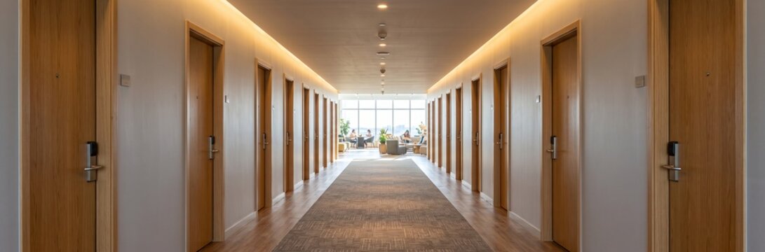 Long modern hotel corridor with wooden doors