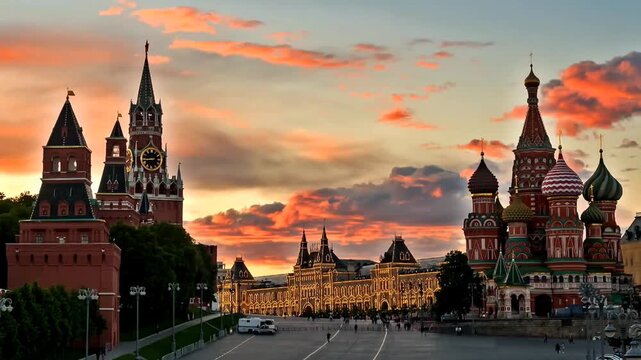 Moscow Kremlin and Saint Basil&rsquo;s Cathedral at Sunset, Russia